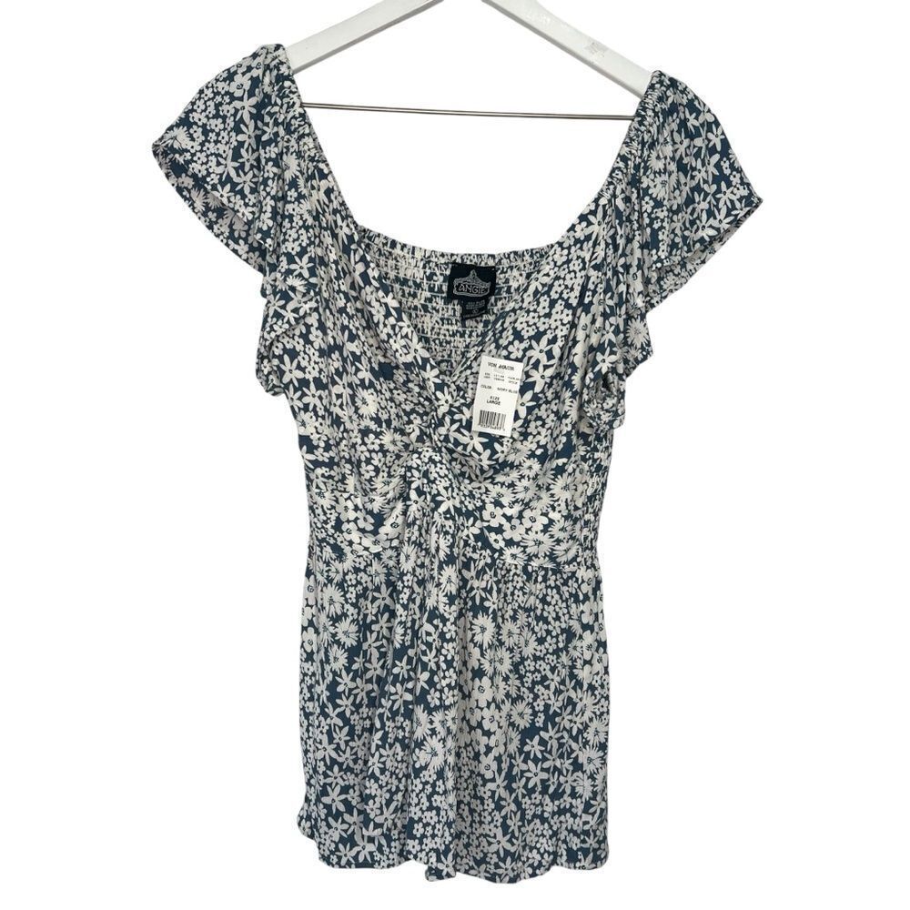 NWT ANGIE Floral Smocked Babydoll Top size Large Blue White Twist Y2K Boho
